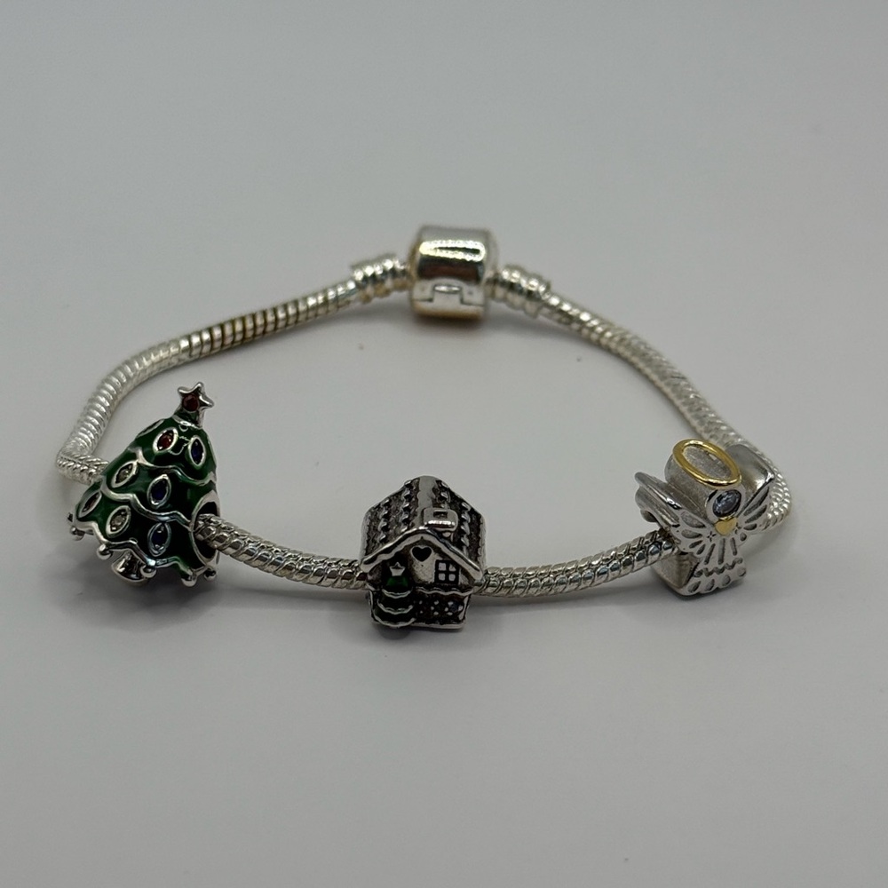 Silver Charm Bracelet with Christmas Tree, Gingerbread House, and Angel